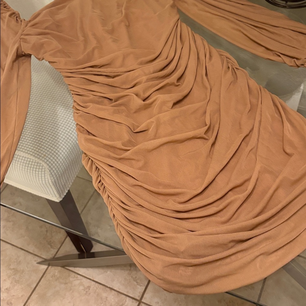 Elegant Tan Ruched Dress - Picture 3 of 10